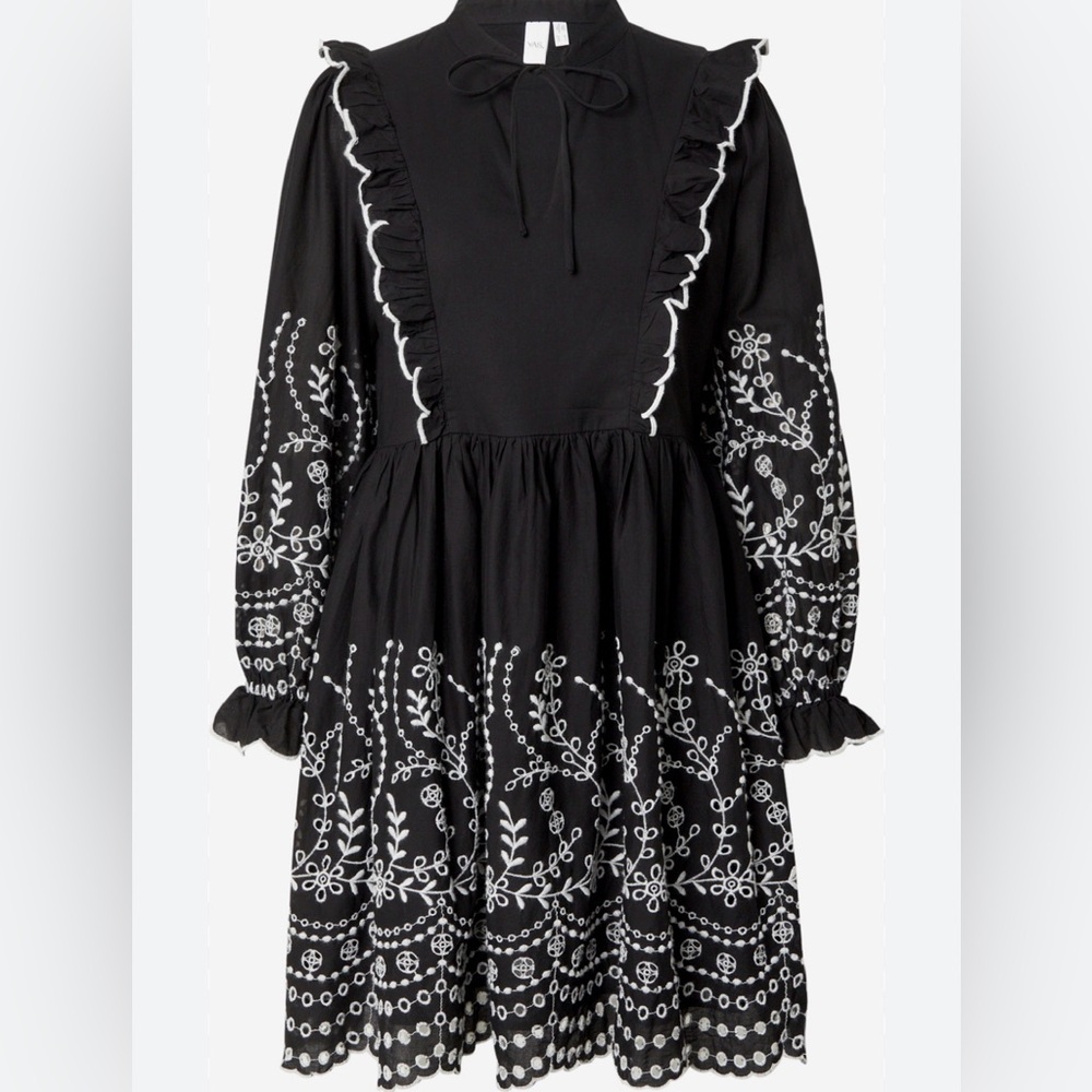 YAS Embroidered Cotton Mini Dress Black White Size US 6 NWT - Picture 4 of 16